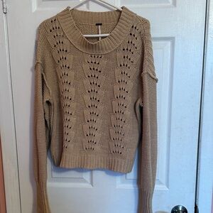 Free People Beige Open-Knit Crewneck Sweater
